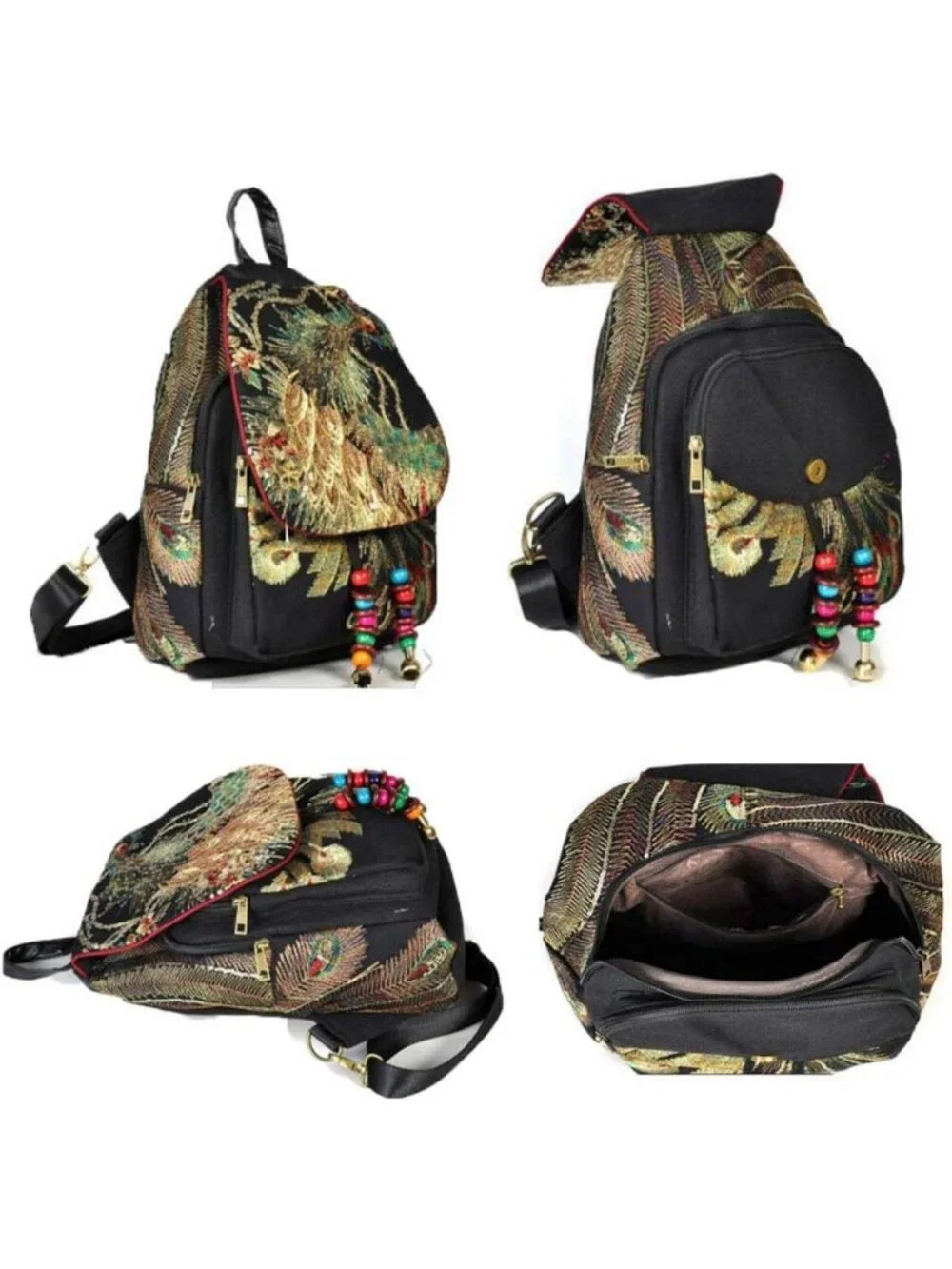 Ethnic Style Women's Backpack with Sequins & Peacock Embroidery - Canvas Travel